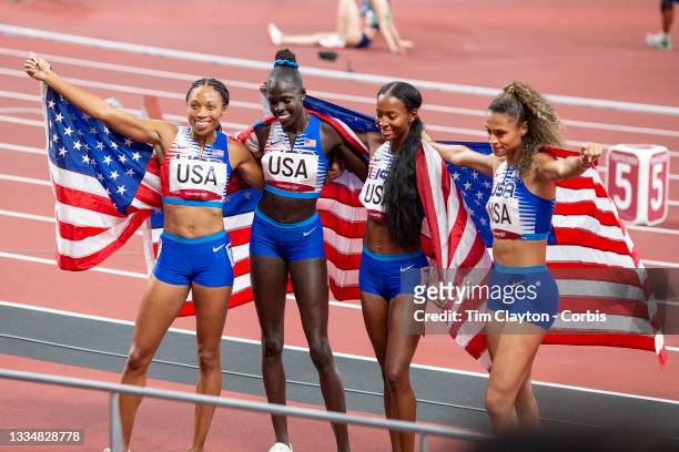 August 7: Allyson Felix, Athing Mu, Dalilah Muhammad and Sydney McLaughlin of the United States celebrate after winning the gold medal in the 4x 400m...