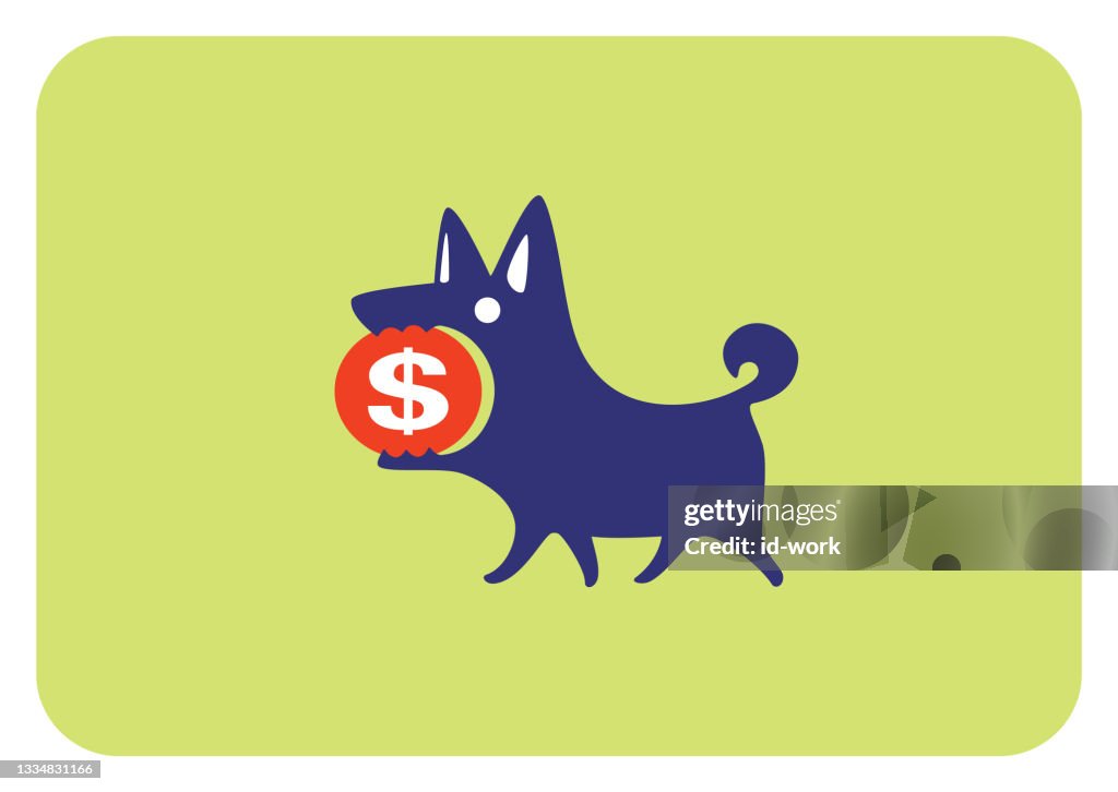 Dog holding money sign coin and walking