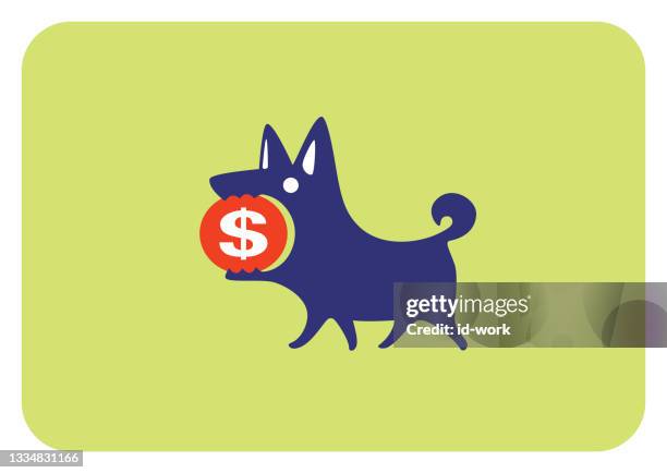 dog holding money sign coin and walking - stroking dog stock illustrations