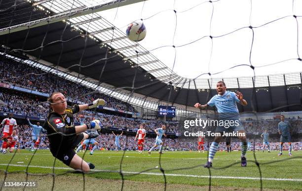 Goalkeeper Paddy Kenny can"u2019t stop a shot from Pablo Zabaleta giving City the 1st half lead during the Manchester City v Queens Park Rangers F.A....