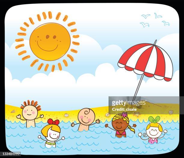 happy summer children swimming at sea cartoon illustration - friend mischief stock illustrations
