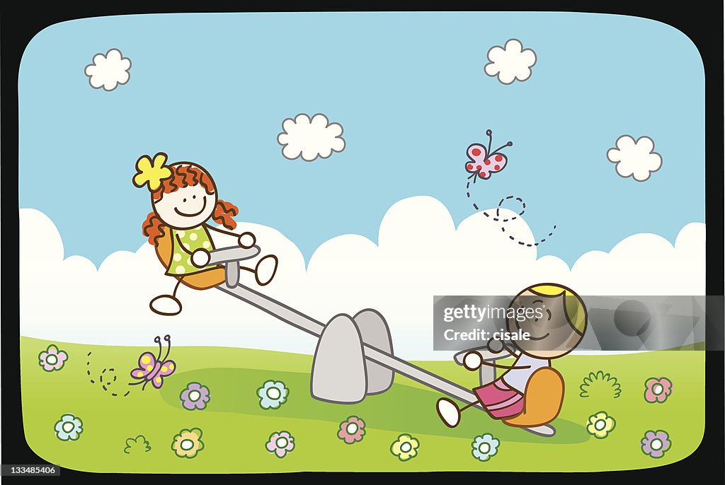 Niños Jugando Con Subibaja En Verano La Primavera De Naturaleza Ilustración Dibujo  Animado Ilustración de stock - Getty Images