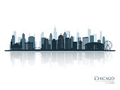 Chicago skyline city silhouette with reflection. Landscape Chicago, Illinois. Vector illustration.
