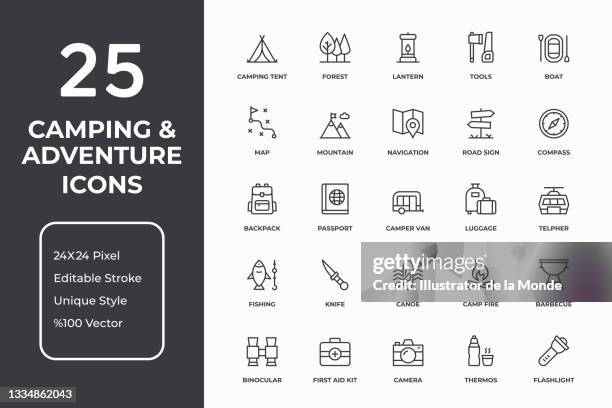 ilustrações de stock, clip art, desenhos animados e ícones de camping and adventure thin line icon set - fogueira