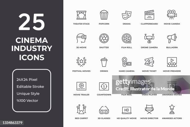 cinema industry thin line icon set - red carpet event stock illustrations