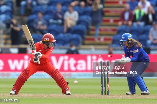 Georgia Redmayne of Welsh Fire is bowled by Heather Knight of London Spirit during The Hundred match between Welsh Fire Women and London Spirit Women...