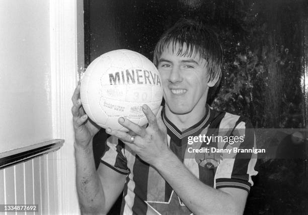 Newcastle striker Peter Beardsley pictured with the Minerva match ball after his New Years Day hat trick against Sunderland after the Division One...