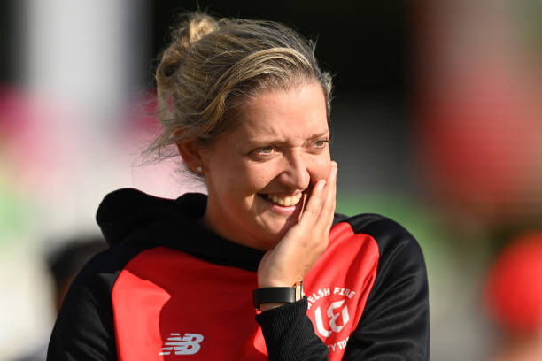 Sarah Taylor of Welsh Fire after The Hundred match between Welsh Fire Women and London Spirit Women at Sophia Gardens on August 18, 2021 in Cardiff,...