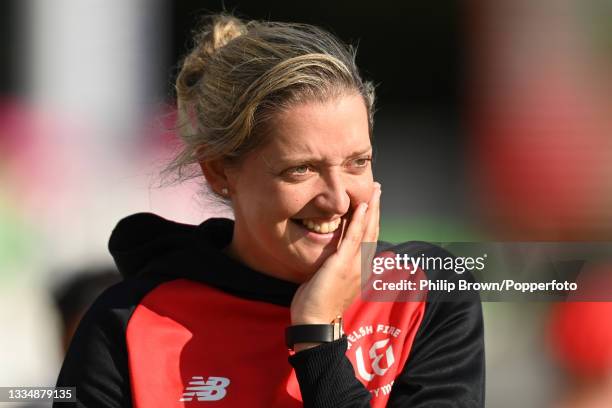 Sarah Taylor of Welsh Fire after The Hundred match between Welsh Fire Women and London Spirit Women at Sophia Gardens on August 18, 2021 in Cardiff,...