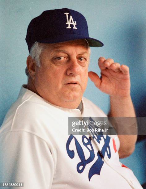 Dodgers Manager Tommy Lasorda during playoff series of the Los Angeles Dodgers against St. Louis Cardinals at Dodgers Stadium, October 16, 1985 in...