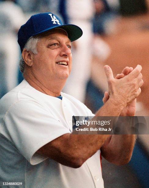 Dodgers Manager Tommy Lasorda during playoff series of the Los Angeles Dodgers against St. Louis Cardinals at Dodgers Stadium, October 16, 1985 in...