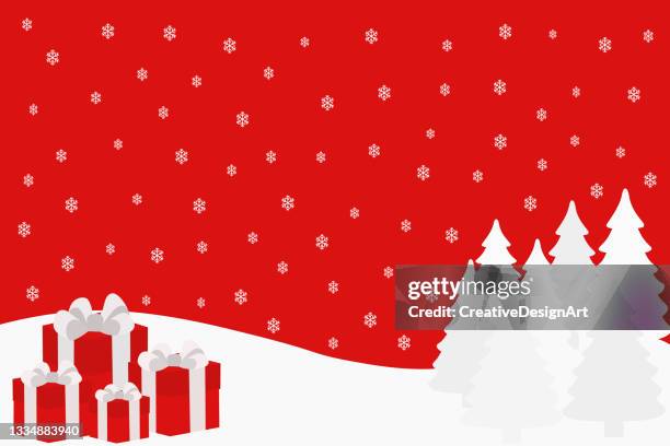winter landscape with pine trees, gift boxes and snowflakes - red abstract christmas tree stock illustrations
