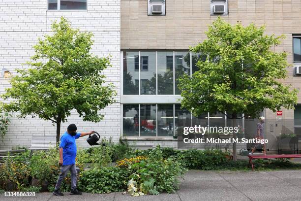 Callie Hosier, a Brooklyn Community & Housing Services Navy Green resident, waters flower plants during horticultural therapy on August 18, 2021 in...