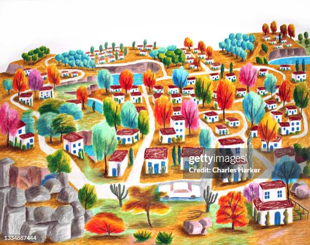 outsider art style fantasy village landscape illustration oil pastel - oil pastel drawing stock pictures, royalty-free photos & images