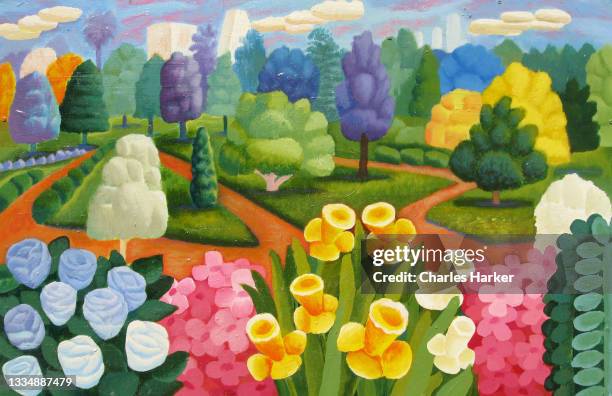 flowering plants in green park refreshing landscape painting - jungle tree cartoon stock pictures, royalty-free photos & images