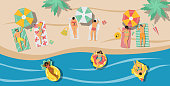Top view of seacoast with people swimming in the sea, flat vector illustration.