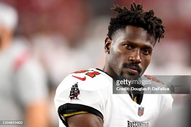 Antonio Brown of the Tampa Bay Buccaneers looks on during the fourth quarter against the Cincinnati Bengals during a preseason game at Raymond James...