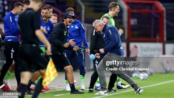 Head coach Pavel Dotchev of Duisburg celebrates winning 1-0 the 3. Liga match between VfL Osnabrück and MSV Duisburg at Stadion an der Bremer Brücke...