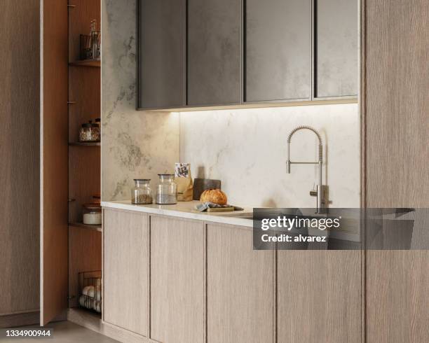 3d image of a kitchen interior design - kitchen cabinets stock pictures, royalty-free photos & images