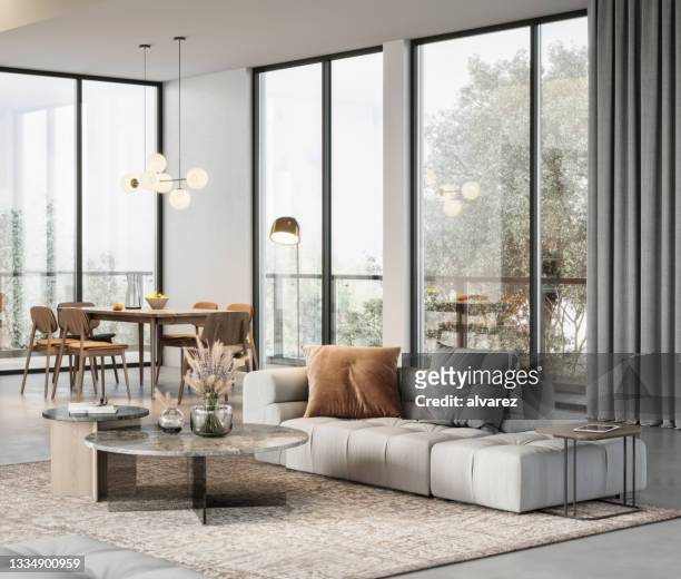 luxurious modern interiors of a living room in 3d - interior modern stockfoto's en -beelden