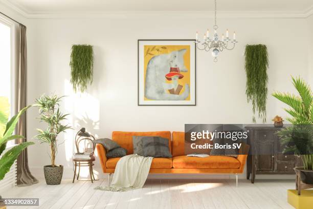 living room in retro style - orange cat stockfoto's en -beelden