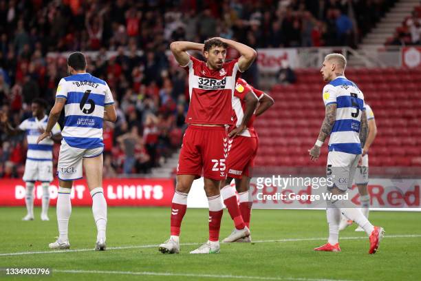 Matt Crooks of Middlesbrough reacts after missing a chance during the Sky Bet Championship match between Middlesbrough and Queens Park Rangers at...