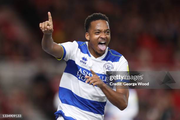 Chris Willock of Queens Park Rangers celebrates after scoring their side's third goal during the Sky Bet Championship match between Middlesbrough and...