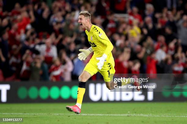 Joe Lumley of Middlesbrough celebrates after their side's second goal scored by Matt Crooks during the Sky Bet Championship match between...