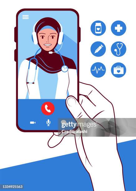 telemedicine helps doctors and patients stay connected during covid-19, the female doctor on the smartphone screen talking online with the patient - arabic doctor stock illustrations