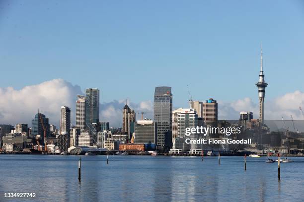 General view of Auckland's skyline as the city wakes to day two of level four lockdown on August 19, 2021 in Auckland, New Zealand. Level 4 lockdown...
