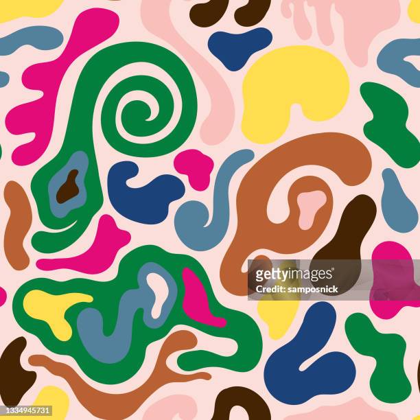 1960er hippie swirl abstrakte form nahtloses muster - hippie stock-grafiken, -clipart, -cartoons und -symbole