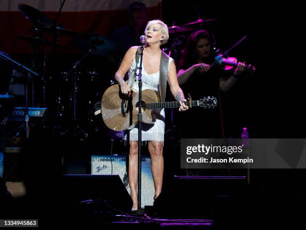 Lorrie Morgan performs during the Volunteer Jam: A Musical Salute To Charlie Daniels at Bridgestone Arena on August 18, 2021 in Nashville, Tennessee.