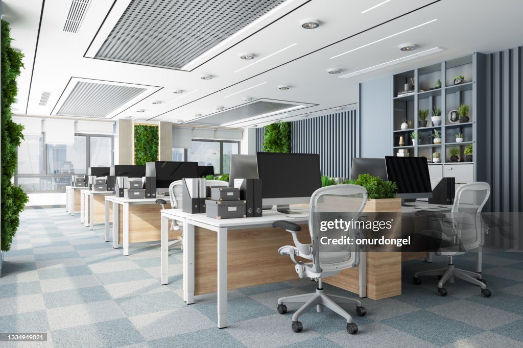 Eco-Friendly Open Plan Modern Office Interior With Tables, Office Chairs And Vertical Garden.