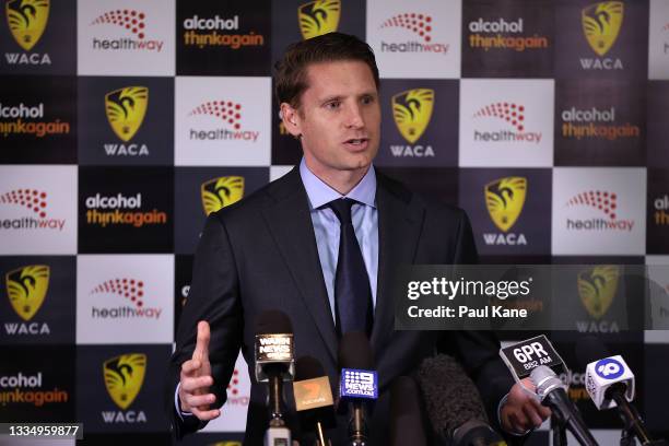 Andrew Hastie addresses the media and guests following the ground redevelopment sod-turning ceremony at the WACA on August 19, 2021 in Perth,...