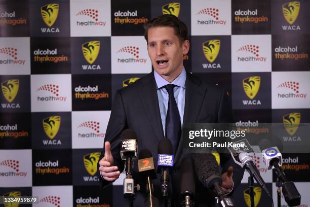 Andrew Hastie addresses the media and guests following the ground redevelopment sod-turning ceremony at the WACA on August 19, 2021 in Perth,...