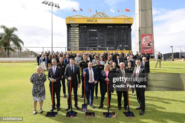 Christina Matthews , Tony Buti , Andrew Hastie , Mark McGowan , Rita Saffioti , Hon. Terry Waldron and John Carey pose with WACA players and staff...