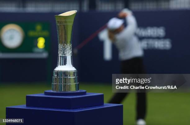 Detail view of the AIG Women's Open trophy on the first tee as Kirsten Rudgeley of Australia tees off during Day One of the AIG Women's Open at...