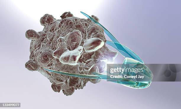 stockillustraties, clipart, cartoons en iconen met nanotechnology probe attacking a cancer cell - nanotechnology