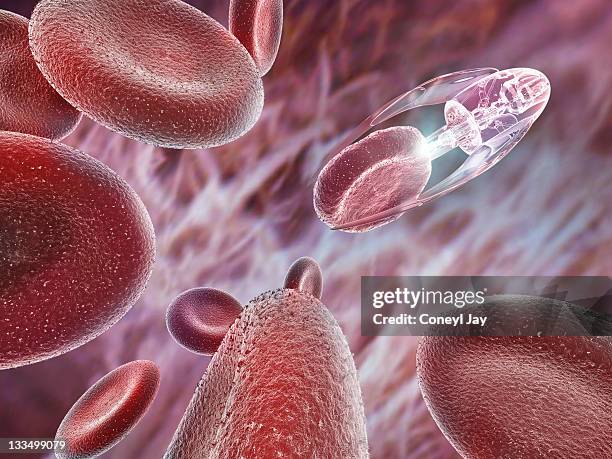 ilustraciones, imágenes clip art, dibujos animados e iconos de stock de nanotechnology probe treating red blood cells - nanotecnología