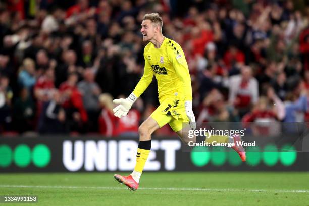 Joe Lumley of Middlesbrough celebrates after their side's second goal scored by Matt Crooks during the Sky Bet Championship match between...