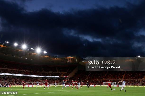 General view of play as Lee Wallace of Queens Park Rangers crosses the ball during the Sky Bet Championship match between Middlesbrough and Queens...