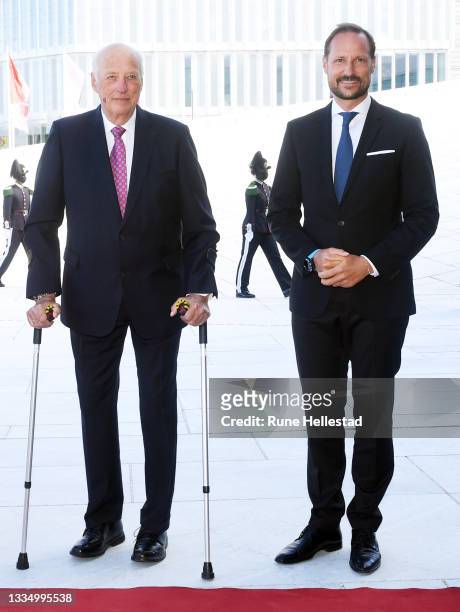 Crown Prince Haakon and King Harald V attend a luncheon in honour of World War II veterans and time witnesses at the Oslo Opera House on August 19,...