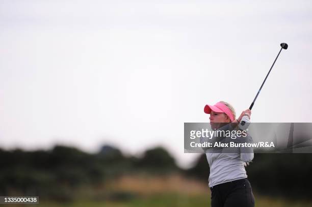 Cloe Frankish of England plays a shot on the eighteenth hole during a practice round prior to the AIG Women's Open at Carnoustie Golf Links on August...