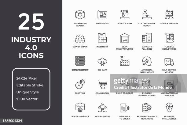 industry 4.0 thin line icon set - manufacturing equipment stock illustrations