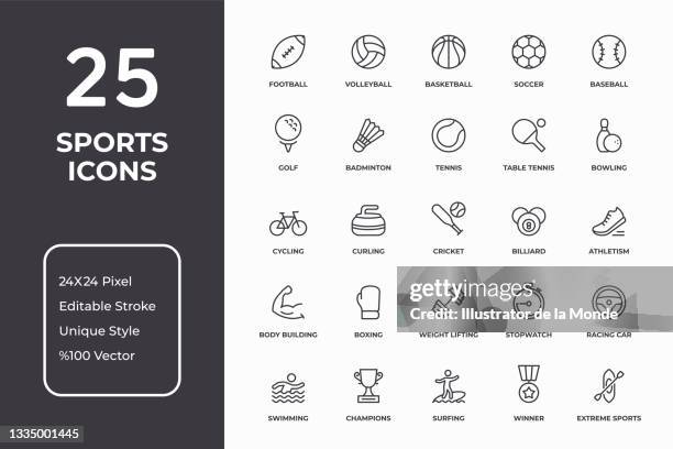 bildbanksillustrationer, clip art samt tecknat material och ikoner med sports thin line icon set - tävlingsidrott