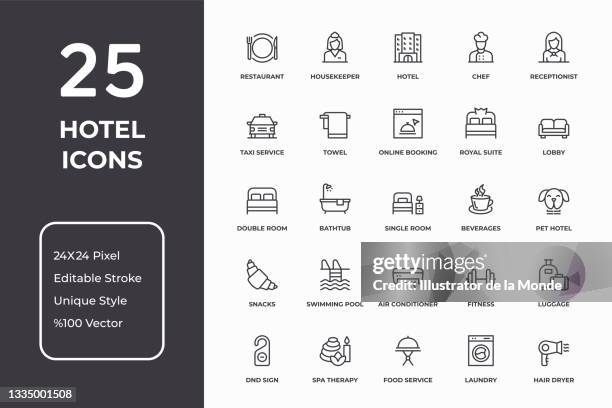 ilustraciones, imágenes clip art, dibujos animados e iconos de stock de conjunto de iconos de la línea delgada del hotel - decoración artículos domésticos