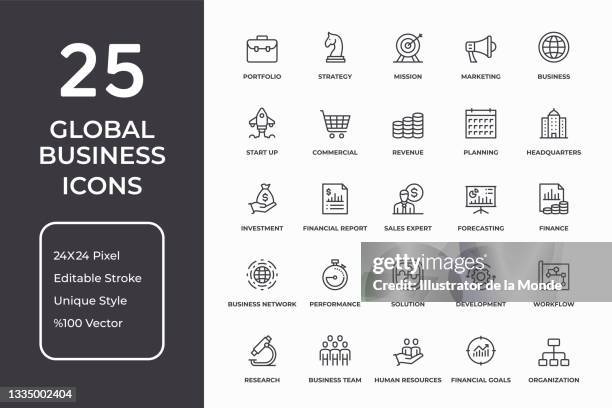 global business thin line icon set - corporate headquarters stock illustrations