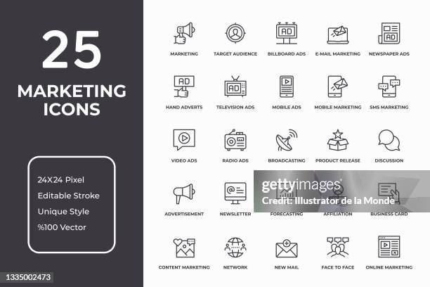 bildbanksillustrationer, clip art samt tecknat material och ikoner med marketing thin line icon set - reklam