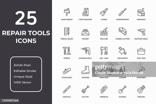 ilustraciones, imágenes clip art, dibujos animados e iconos de stock de herramientas de reparación thin line conjunto de iconos - herramienta eléctrica