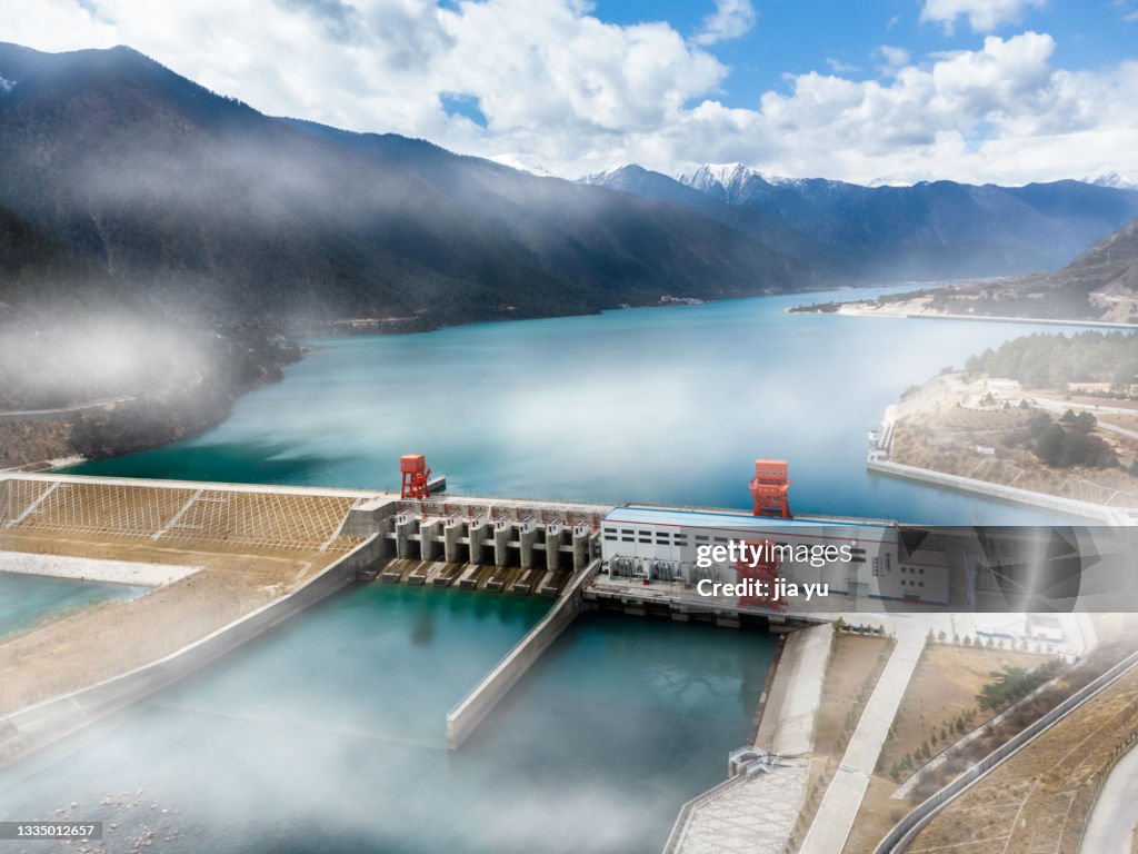 Mountain rivers, hydropower stations built downstream. Nyingchi, Tibet, China.